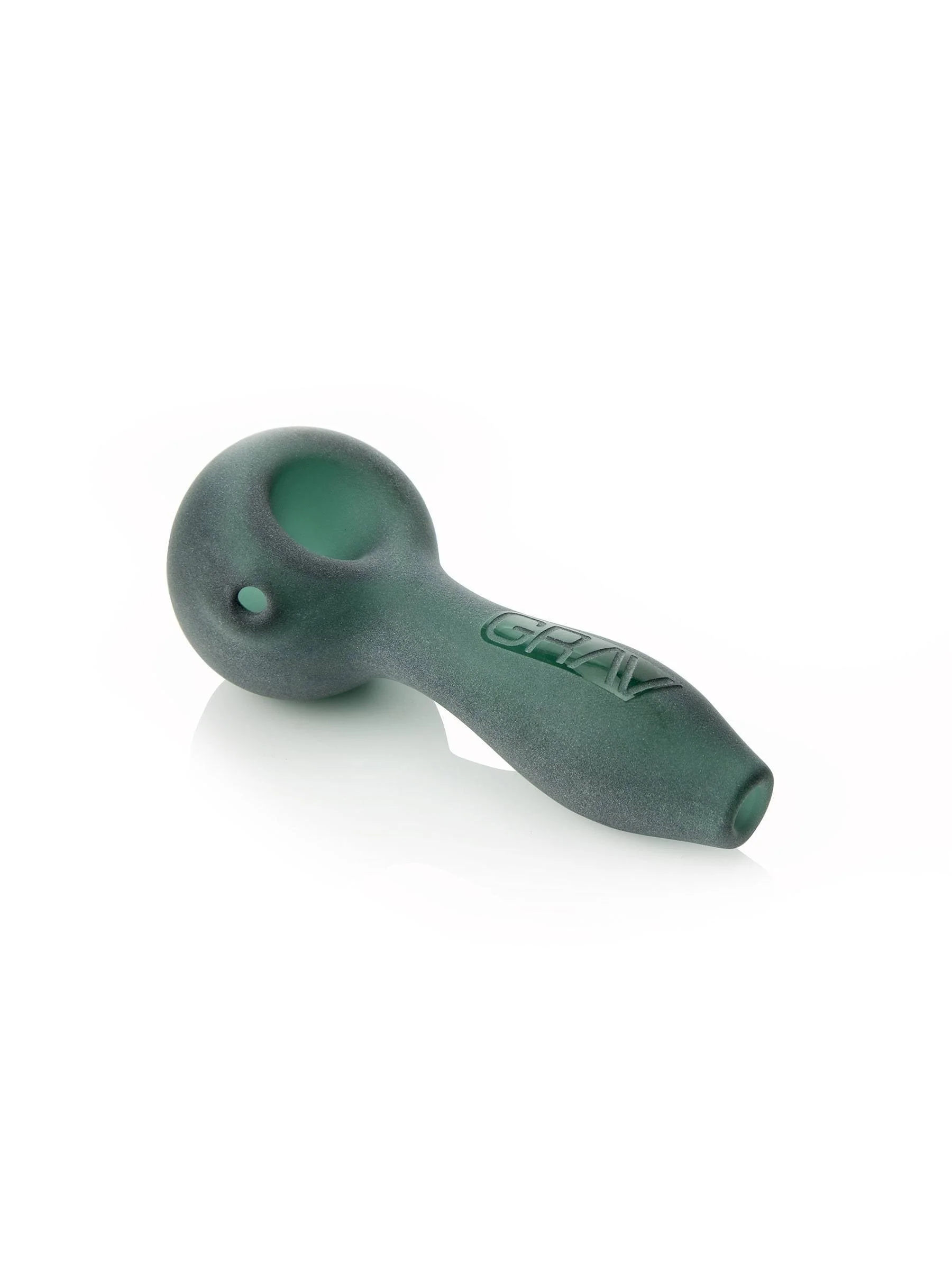 A green, handheld glass smoking pipe isolated on a white background.